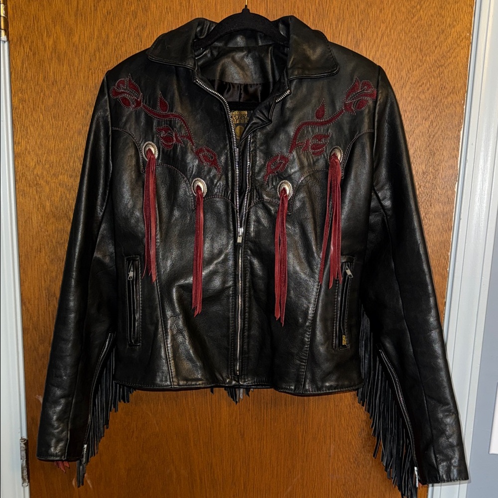 AMERICAN 🇺🇸 Made Gypsy Leather Black Jacket with Red Rose Accents